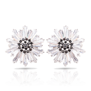 Ice Blu Baguette Flower Earrings - Silver