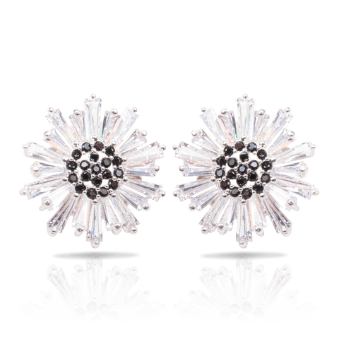 Ice Blu Baguette Flower Earrings - Silver