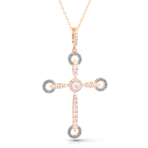 Ice Blu Crystal Cross Halo Necklace - Gold / Aqua