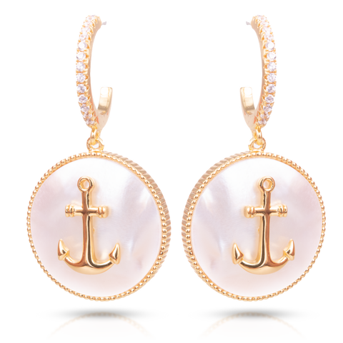 Ice Blu Mother of Pearl Anchor Earrings - Gold