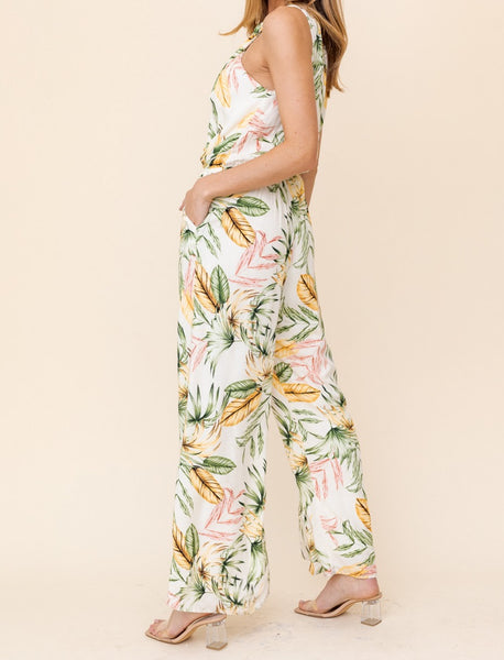 TROPICAL PRINT JUMPSUIT WITH HALTER NECKLINE, AND CINCHED WAIST