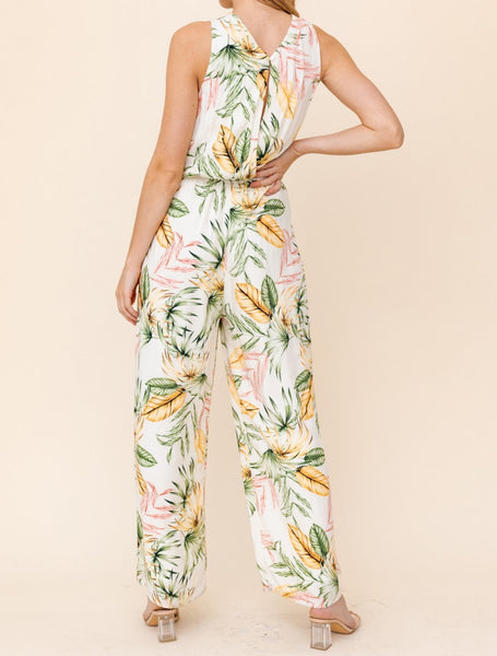 TROPICAL PRINT JUMPSUIT WITH HALTER NECKLINE, AND CINCHED WAIST